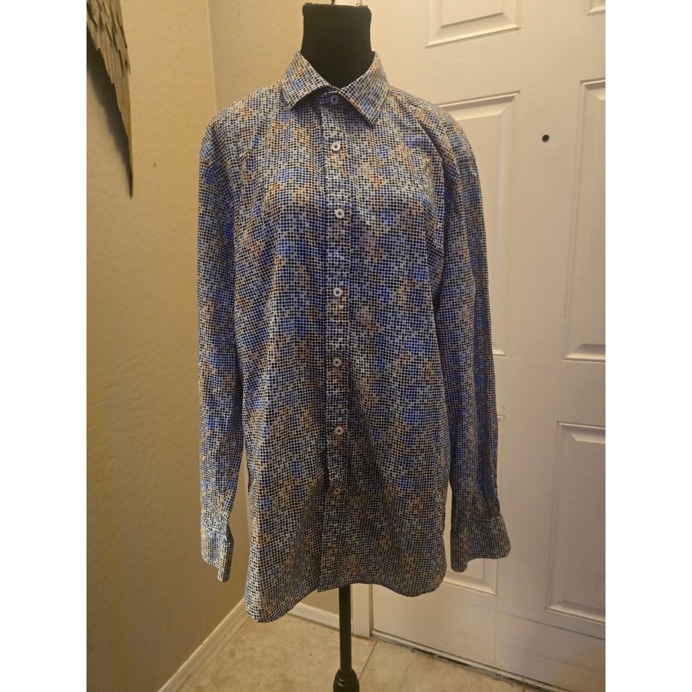 Bugatchi Mens Shaped Fit Long Sleeve Button Down Shirt Geometric Dot Blue L